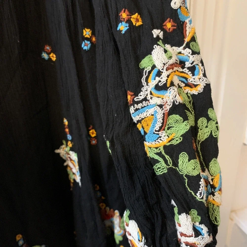 FREE PEOPLE Sz Small Oxford Embroidered Mini Dress Casual‎ Long Sleeves Boho